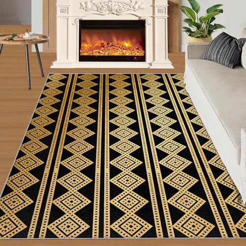 QDJKBL Luxuriöser Schwarz-Goldener Teppich Im Bohemian-Retro-Stil Fußmatte Mit Schwarzen Punkten Und Geometrischen Streifen Rutschfester 3D-Teppich für Wohnzimmer Schlafzimmer Und Küche 80x220 cm von QDJKBL