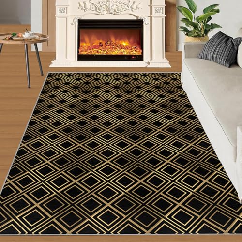 QDJKBL Rechteckiger Geometrischer Teppich Heller Luxuriöser Schwarzgold-Teppich Moderner Minimalistischer Innenbereichsteppich Rutschfester Bodenmatte Waschbarer Fußmatte für Schlafzimmer 70x140 cm von QDJKBL