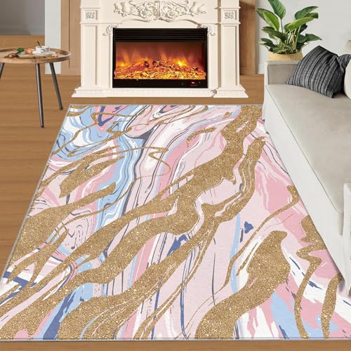 QDJKBL Teppiche Aus Vergoldetem Marmor Luxuriöser Teppich Mit Abstrakter Marmorstruktur Aquarell-Ölgemälde Graffiti-Teppich Moderner Weicher Teppiche für Schlafzimmer Café Büro Fußmatten 160x220 cm von QDJKBL