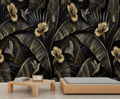 QDJKBL Tropisches Wandbild, tropischer Regenwald, Bananenpalmenblätter, Kolibri-Blumen-Wandbild, schwarz-goldene Pflanzen-Wandbilder für Wohnzimmer, Schlafzimmer, Küche 300 x 210 cm QDJKBL Tropisches Wandbild, tropischer Regenwald, Bananenpalmenblätter, Kolibri-Blumen-Wandbild, schwarz-goldene Pflanzen-Wandbilder für Wohnzimmer, Schlafzimmer, Küche 300 x 210 cm von QDJKBL