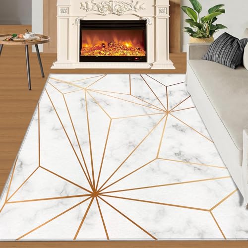 QDJKBL Weißer Marmor-Teppich Einfache Goldene Geometrie-Teppiche Moderner Teppich Mit Unregelmäßigem Druck Waschbarer Fusselfreier Teppiche für Schlafzimmer Fußmatten Veranda Büro 120x180 cm von QDJKBL
