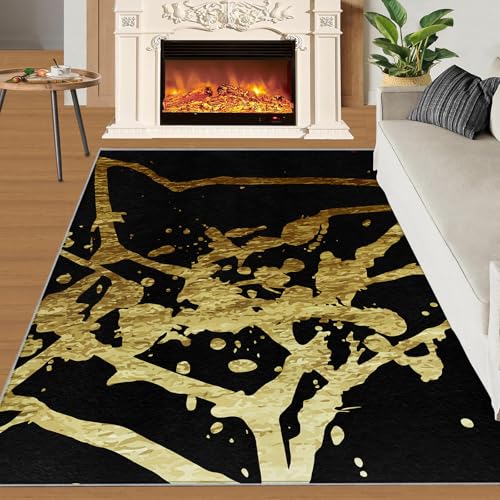 Schwarz-goldener Luxus-Teppich moderner abstrakter Schlafzimmerteppich 3D-strukturierter Gold-Spritzteppich moderner künstlerischer Dekorteppich für Wohnzimmer Büro Familie und Haustier 120x170 cm von QDJKBL