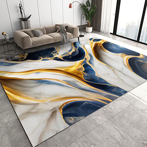 Teppich aus blauem weißem Marmor, rutschfester waschbarer Teppich im europäischen Stil mit gebogener fließender Kunst, Teppichunterlage mitleuchtenden Farben bequemen Füßen für den Flur im Schlafsaal von QDJKBL