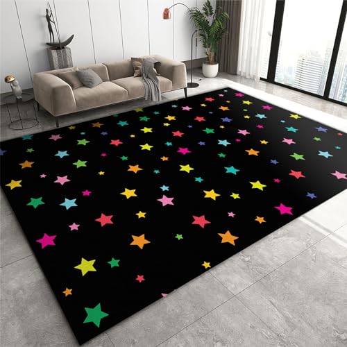 Teppiche mit bunten Sternen und Cartoons für Kinder, Teppich mit reinem schwarzem Hintergrund, kurzer, samtiger Apartmentteppich, pflegeleicht, langlebig für Wohnzimmer, Arbeitszimmer, 120 x 170 cm von QDJKBL