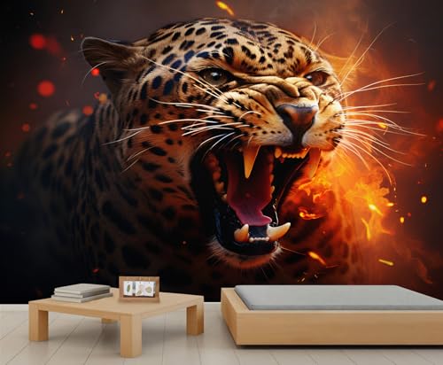Wandbild mit wildem Leoparden, feurig brüllender Leopard, Wandbilder, 3D-Tapete mit Wildtieren, Wandbild, Cartoon-Fantasietiere, Wandaufkleber für Schlafzimmer, Badezimmer, Esszimmer 350 x 256 cm Wandbild mit wildem Leoparden, feurig brüllender Leopard, Wandbilder, 3D-Tapete mit Wildtieren, Wandbild, Cartoon-Fantasietiere, Wandaufkleber für Schlafzimmer, Badezimmer, Esszimmer 350 x 256 cm von QDJKBL