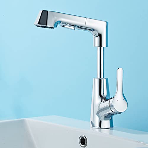 QDMLDOKCF Badezimmer-Wasserhahn mit herausziehbarer Brause, Waschbecken-Wasserhahn mit Doppelfunktion, 360° drehbarer Auslauf, Waschbecken-Wasserhahn for heißes und kaltes Wasser, Weiß(Chrome) von QDMLDOKCF
