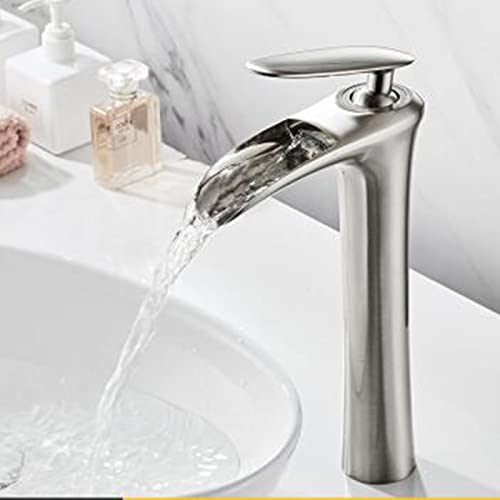 QDMLDOKCF Wasserfall-Wasserhahn for Badezimmer-Waschbecken, Messing-Wasserhahn for Badezimmer, Waschbecken-Wasserhahn mit Warm- und Kalt-Mischbatterie, Einhand-Badezimmer-Wasserhahn, gebürstet, hoch QDMLDOKCF Wasserfall-Wasserhahn for Badezimmer-Waschbecken, Messing-Wasserhahn for Badezimmer, Waschbecken-Wasserhahn mit Warm- und Kalt-Mischbatterie, Einhand-Badezimmer-Wasserhahn, gebürstet, hoch von QDMLDOKCF