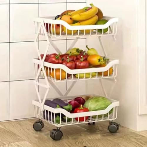 QDZC 3-stufiger Faltbarer Küchen-Wagen mit Rollen, Gemüse- und Obstkorb, schmale Ablageböden, mobiler Trolley, Servierwagen, Organizer für Badezimmer und Büro White von QDZC