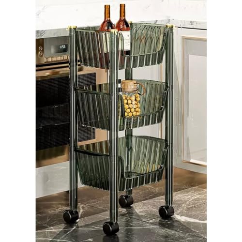 QDZC 3-stufiger kompakter Küchen-Aufbewahrungswagen mit Rollen, abnehmbare Kunststoff-Körbe für Gemüse und Obst, Aufbewahrungsregale, mobiler Wagen, Servierwagen, Organizer Green von QDZC