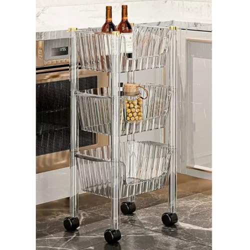 QDZC 3-stufiger kompakter Küchen-Aufbewahrungswagen mit Rollen, abnehmbare Kunststoff-Körbe für Gemüse und Obst, Aufbewahrungsregale, mobiler Wagen, Servierwagen, Organizer Transparent von QDZC