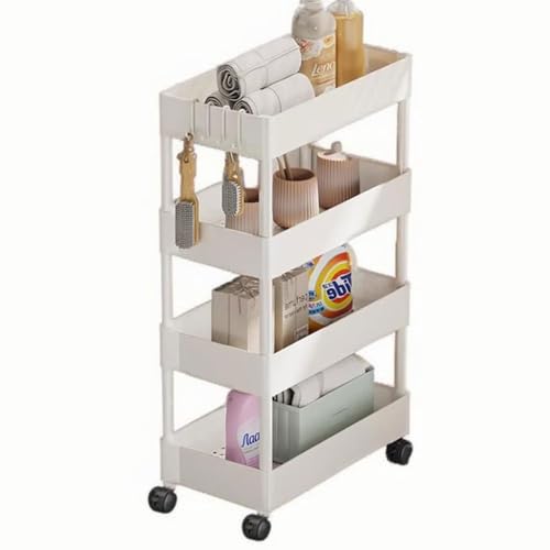 QDZC 4-stufiger schmaler Rollwagen aus Kunststoff mit Rädern und Haken, schmales Eck-Ablagefahrzeug, Servierwagen-Organizer für Küche, Badezimmer, Wohnheim, Büro White von QDZC