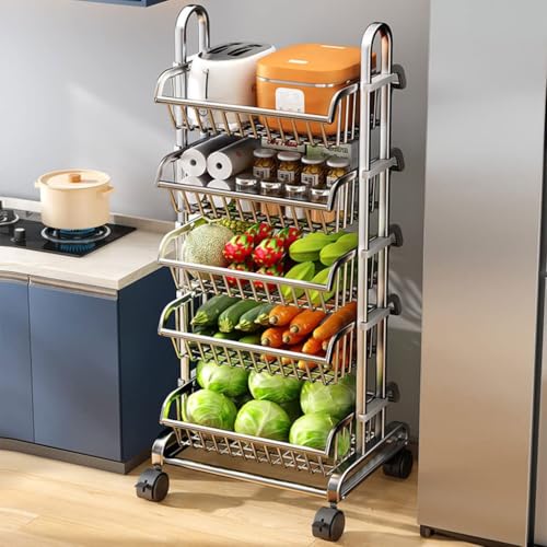 QDZC 5 Tier 304 Edelstahl Küchenrollwagen mit Rollen, höhenverstellbare Obstkorb-Ablageböden, mobiler Wagen, Servierwagen für das Badezimmer Silver von QDZC