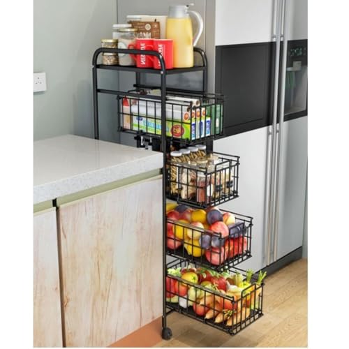 QDZC 5-stufiger Küchen-Utility-Wagen aus Kohlenstoffstahl mit Rädern, mobiles Regal mit herausziehbarem Metallfruchtkorb, Servierwagen und Organizer für Büro sowie Badezimmer Black QDZC 5-stufiger Küchen-Utility-Wagen aus Kohlenstoffstahl mit Rädern, mobiles Regal mit herausziehbarem Metallfruchtkorb, Servierwagen und Organizer für Büro sowie Badezimmer Black von QDZC