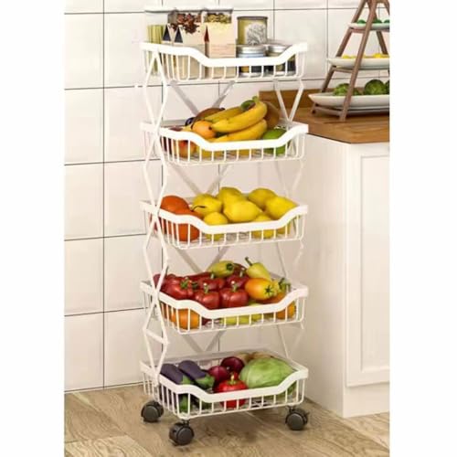 QDZC 5-teiliger Küchen-Abfallsammler Faltbarer Servierwagen mit Rollen, Gemüse- und Obstkorb, schmale Aufbewahrungsregale, mobiler Wagen, Servierwagen, Organizer White von QDZC