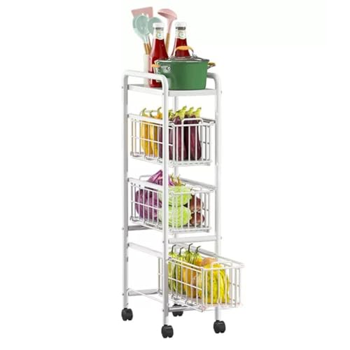 QDZC Freistehender schmaler Küchen-Aufbewahrungswagen mit Rollen, Obstkorb-Aufbewahrungsregale aus Kohlenstoffstahl-Metall, ausziehbar, mobiler Wagen, Servierwagen, Organizer White von QDZC