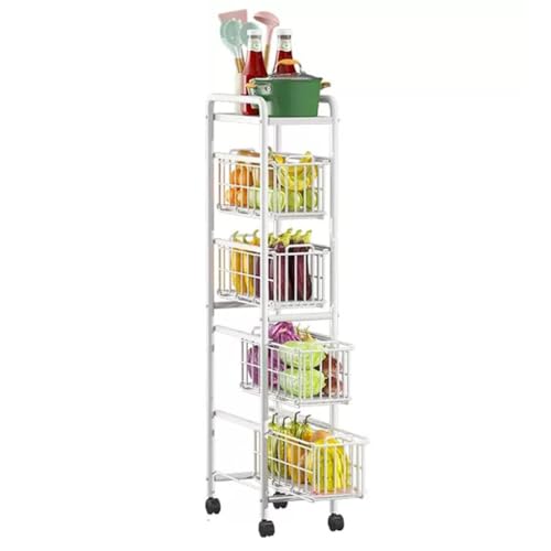 QDZC Freistehender schmaler Küchen-Aufbewahrungswagen mit Rollen, Obstkorb-Aufbewahrungsregale aus Kohlenstoffstahl-Metall ausziehbar, mobiler Servierwagen, Organizer fürs Büro White von QDZC