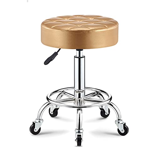 QDZC Rund Rollhocker Höhenverstellbar,PU-Leder Drehbar Rund Rollen Bürohocker Drehhocker Arbeitshocker Hocker Für Spa Zeichnung Salon Arbeit Büro Friseurstuhl Werkstattho Gold von QDZC