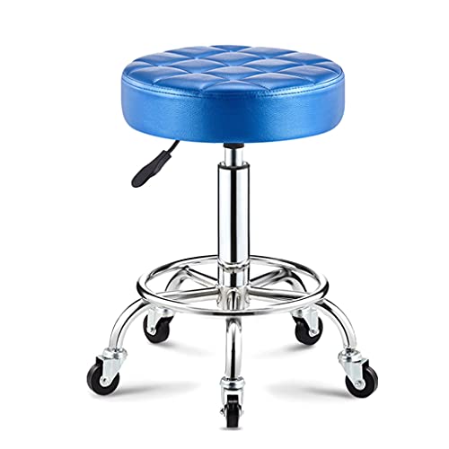 QDZC Rund Rollhocker Höhenverstellbar,PU-Leder Drehbar Rund Rollen Bürohocker Drehhocker Arbeitshocker Hocker für Spa Zeichnung Salon Arbeit Büro friseurstuhl werkstattho Blue von QDZC
