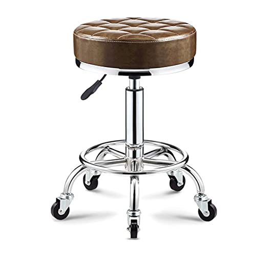 QDZC Rund Rollhocker Höhenverstellbar,PU-Leder Drehbar Rund Rollen Bürohocker Drehhocker Arbeitshocker Hocker für Spa Zeichnung Salon Arbeit Büro friseurstuhl werkstattho Brown von QDZC