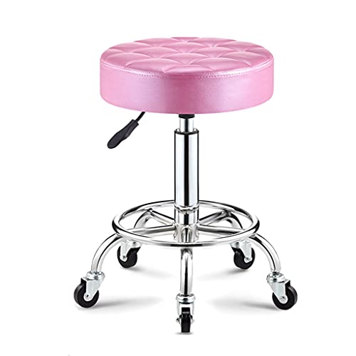 QDZC Rund Rollhocker Höhenverstellbar,PU-Leder Drehbar Rund Rollen Bürohocker Drehhocker Arbeitshocker Hocker für Spa Zeichnung Salon Arbeit Büro friseurstuhl werkstattho Pink von QDZC