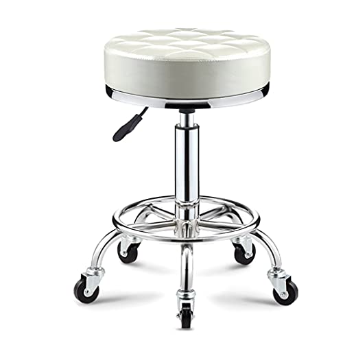 QDZC Rund Rollhocker Höhenverstellbar,PU-Leder Drehbar Rund Rollen Bürohocker Drehhocker Arbeitshocker Hocker für Spa Zeichnung Salon Arbeit Büro friseurstuhl werkstattho White von QDZC
