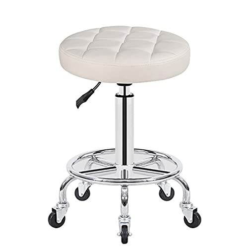 QDZC Rund Rollhocker Höhenverstellbar,PU-Leder Drehbar Rund Rollen Bürohocker Drehhocker Arbeitshocker Hocker für Spa Zeichnung Salon Arbeit Büro friseurstuhl werkstattho White von QDZC