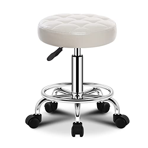 QDZC Rund Rollhocker Höhenverstellbar,PU-Leder Drehbar Rund Rollen Bürohocker Drehhocker Arbeitshocker Hocker für Spa Zeichnung Salon Arbeit Büro friseurstuhl werkstattho White von QDZC