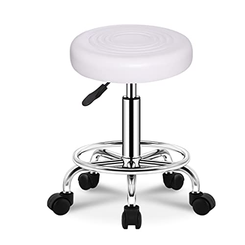 QDZC Rund Rollhocker Höhenverstellbar,PU-Leder Drehbar Rund Rollen Bürohocker Drehhocker Arbeitshocker Hocker für Spa Zeichnung Salon Arbeit Büro friseurstuhl werkstattho White von QDZC