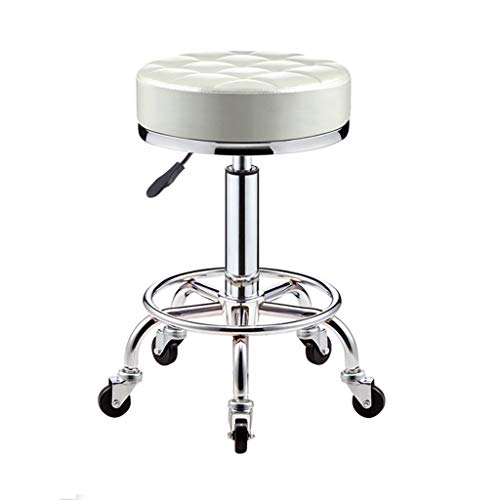 QDZC Rund Rollhocker Höhenverstellbar,PU-Leder Drehbar Rund Rollen Bürohocker Drehhocker Arbeitshocker Hocker für Spa Zeichnung Salon Arbeit Büro friseurstuhl werkstattho White von QDZC