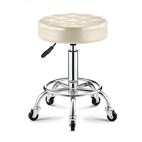 QDZC Rund Rollhocker Höhenverstellbar,PU-Leder Drehbar Rund Rollen Bürohocker Drehhocker Arbeitshocker Hocker für Spa Zeichnung Salon Arbeit Büro friseurstuhl werkstattho White von QDZC