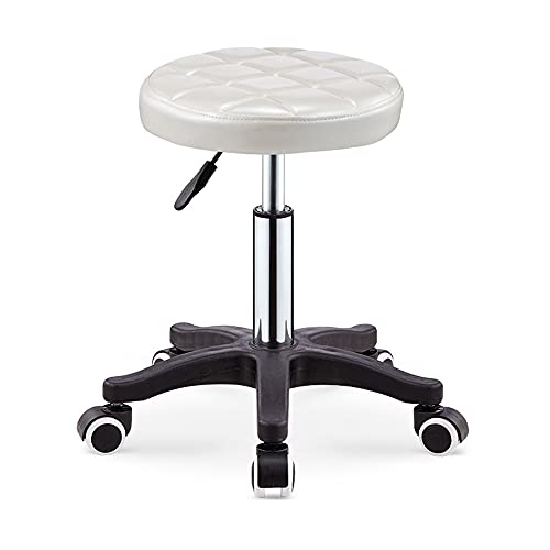 QDZC Rund Rollhocker Höhenverstellbar,PU-Leder Drehbar Rund Rollen Bürohocker Drehhocker Arbeitshocker Hocker für Spa Zeichnung Salon Arbeit Büro friseurstuhl werkstattho White von QDZC