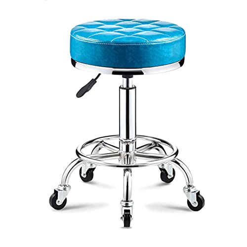 QDZC Rund Rollhocker Höhenverstellbar,PU-Leder Drehbar Rund Rollen Bürohocker Drehhocker Arbeitshocker Hocker für Spa Zeichnung Salon Arbeit Büro friseurstuhl werkstattho blue1 von QDZC