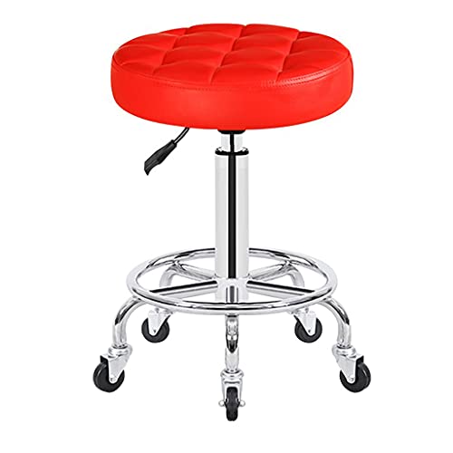 QDZC Rund Rollhocker Höhenverstellbar,PU-Leder Drehbar Rund Rollen Bürohocker Drehhocker Arbeitshocker Hocker für Spa Zeichnung Salon Arbeit Büro friseurstuhl werkstattho red von QDZC