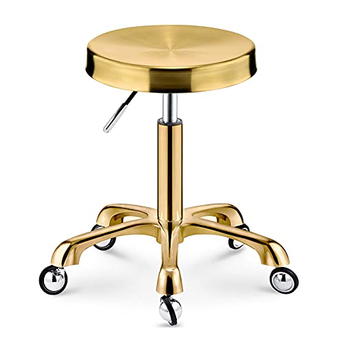 QDZC Rund Rollhocker Höhenverstellbar Tragfähigkeit 200kg,Edelstahl Drehbar Rund Rollen Bürohocker Drehhocker Arbeitshocker Hocker Für Spa Zeichnung Salon Arbeit Werkstat Gold von QDZC