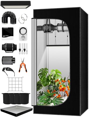 QEANY Komplettes Growzelt Set, 90x90x180cm Growbox, Growzelt-System mit 100W LED-Wachstumslicht, automatischem 4-Zoll-Lüfter und Kohlefilter, Indoor Grow Tent Set (9090180TZ) von QEANY