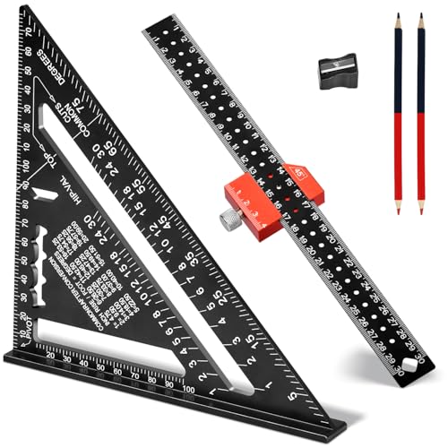 Zimmermannswinkel Set,180mm Zimmermannswinkel und 300mm Streichmaß, Markieren von 45°und 90°für Holzbearbeitung, für Anreißen, Messen & Zeichnen von QEANY