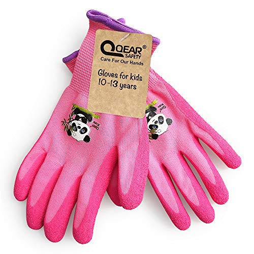 QEARSAFETY Gartenhandschuhe für Kinder von 10 bis 13 Jahren, Handfläche aus Gummi für Wasser- und Schmutzbeständigkeit (10-13 Jahre alt, Pink) von QEARSAFETY