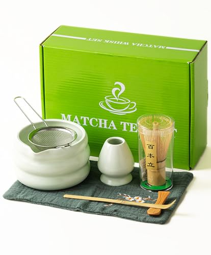 Matcha Set,Matcha Whisk Set,7 Stück Matcha Zubehör,Matcha Schüssel mit Auslauf,Bambus-Schneebesen,Schneebesenständer,Teelöffel,Keramik-Löffelständer,Sieb,Geschirrtuch,Perfekt für Matcha-Liebhaber von QEEKADA