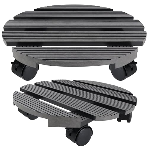 QEENTOE 2X WPC Pflanzenroller Tragkraft 100KG Rollbrett Pflanzen witterungsbestaendig Pflanzenroller für Außen- und Innenbereich Blumenroller Untersetzer Blumentopf mit Rollen - Anthrazit Rund von QEENTOE