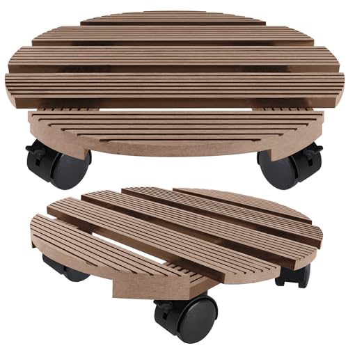 QEENTOE 2X WPC Pflanzenroller Tragkraft 100KG Rollbrett Pflanzen witterungsbestaendig Pflanzenroller für Außen- und Innenbereich Blumenroller Untersetzer Blumentopf mit Rollen - Braun Rund von QEENTOE