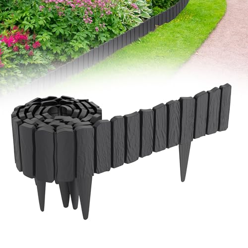 QEENTOE 4.8m Rasenkante Kunststoff Beetumrandung mit Holzoptik & 10 cm Erdspießen - Mähkante für Garten, Beeteinfassung Anthrazit, Palisade im Holzdesign Anthrazit von QEENTOE
