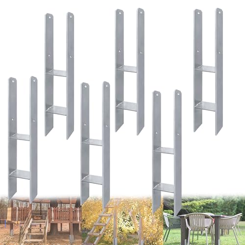 QEENTOE 6 Stück H-Pfostenträger H-Anker - 121x600mm Rostfreier Stahl mit Pulverbeschichtung | Wetterfeste H-Anker für Zaun & Terrassendach | 5mm starkes Pfostenanker-Set für den Außenbereich von QEENTOE
