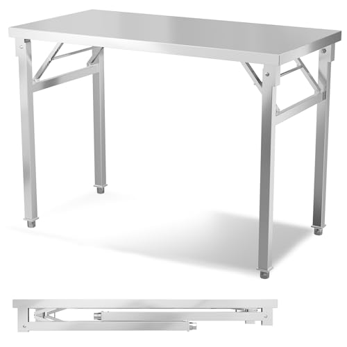 QEENTOE Edelstahltisch Servierwagen Edelstahl Werkbank Klappbar Tragkraft 300KG Zubereitungstisch Gastronomietisch Federfalzsystem höhenverstellbare Füße - 100x60x85cm von QEENTOE