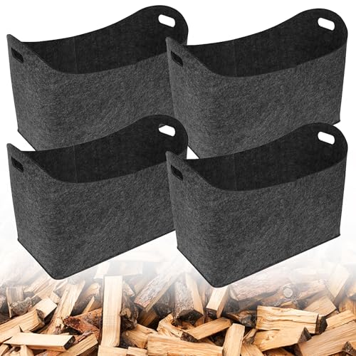 QEENTOE Holzkorb für Kaminholz Kaminholzkorb für Kamin Brennholz Holzkörbe Kaminholz Aufbewahrung Innen Feuerholzkorb Faltbar Filzkorb mit Griff Holzkorb Filz für Holz, Spielzeug - 4 Stück Dunkelgrau von QEENTOE