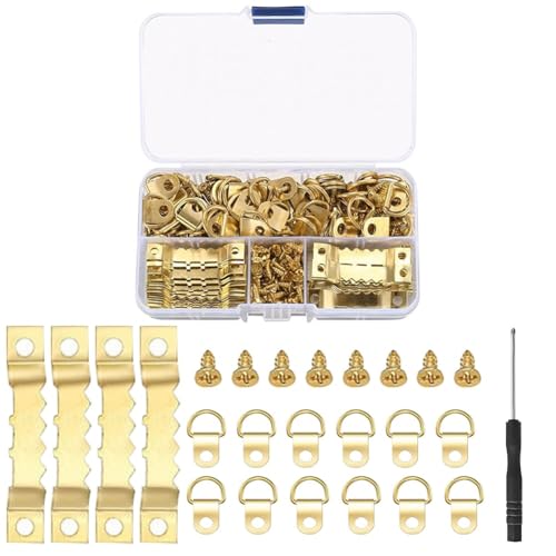 277 Stück Bildaufhänger, Bilderrahmen Haken, Bilderrahmen Aufhänger, Leinwand Aufhänger, Bildaufhänger Set, Satz Haken für Bilder, Bilderhaken zum Schrauben, Zackenaufhänger, Bilderhaken Gold von QEEROYO