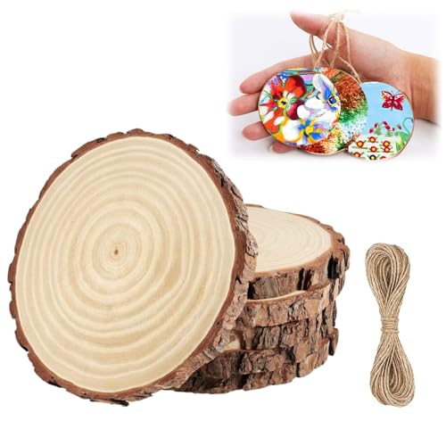 Holzscheiben Durchmesser Ohne Loch, 8-10cm Runde Naturholz Baumscheiben, Baumscheiben Rund zum Basteln, Holzscheiben Holz Log Scheiben, Runde Holzscheibe Untersetzer Holz Log 5mm Dicke, 6pcs von QEEROYO