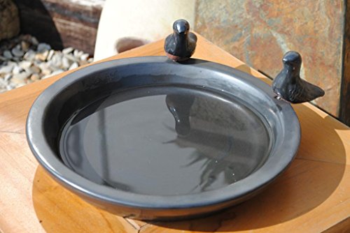 Kunert-Keramik Vogeltränke mit Zwei kleinen Vögelchen,rund,matt schwarz glasiert,30cm von QEEROYO