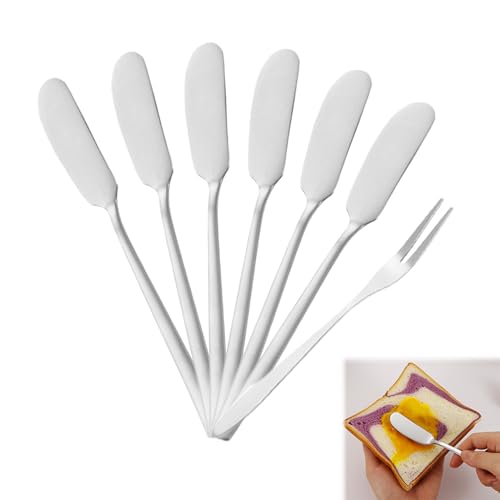 QEEROYO Butter Knife, Buttermesser, 6 Stück Edelstahl Butterstreuer Messer, Buttermesser Klein, mit Fruchtgabel, für Käse Kalte Butter Marmelade Gebäck Kitchen Tägliches Frühstück Spreader von QEEROYO