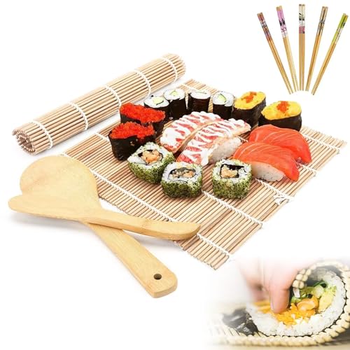 Sushi Maker Kit, Natürliche Bambusrolle, karbonisierte Rollmatte, Bambus Sushi Matte, Bambusmatte für Sushi, Anfänger Sushi-Bastelset, Sushi Roller Bazooka, Perfekt für Zuhause Küche Camping Picknick von QEEROYO