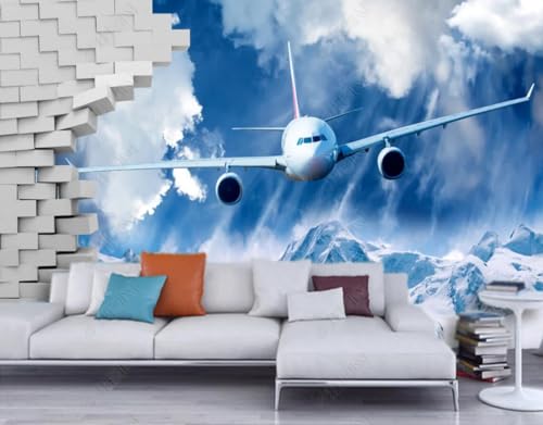 Tapeten Fototapete 3D Effekt Ziegelmauer Schneeberg Flugzeug Wandbilder Tapete Wandtapete Für Schlafzimmer Wohnzimmer 400x280cm-SJJ26663 von QEETapete